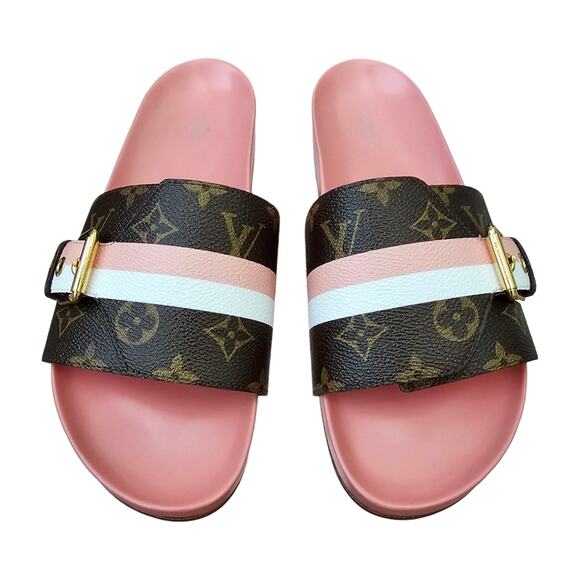 Louis Vuitton Bom Dia Flat Slide Mule Sandal Brown Pink LV Monogram Size 40 US10 - Picture 3 of 13